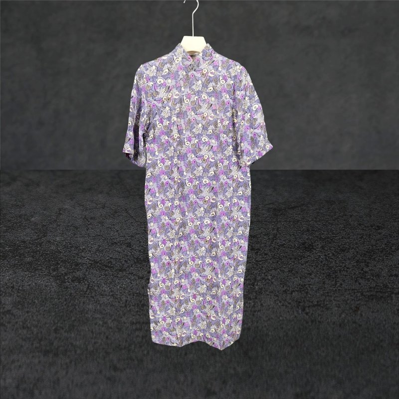 二手 薰衣草紫 葡萄兰花花纹 五分袖 古董订制 薄长袖旗袍 CA0803 - 洋装/连衣裙 - 聚酯纤维 紫色