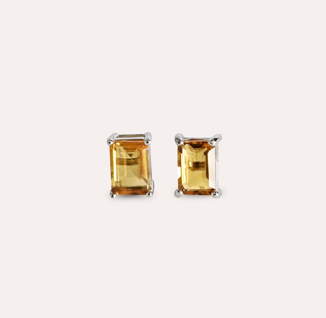 安珠 黄水晶 黄色 长方 5*7mm 耳环 经典系列 Emerald E 宝石银 - 耳环/耳夹 - 银 黄色