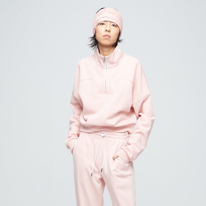 立领短版拉链卫衣(女)-柔瑰粉 - 女装上衣 - 聚酯纤维 粉红色