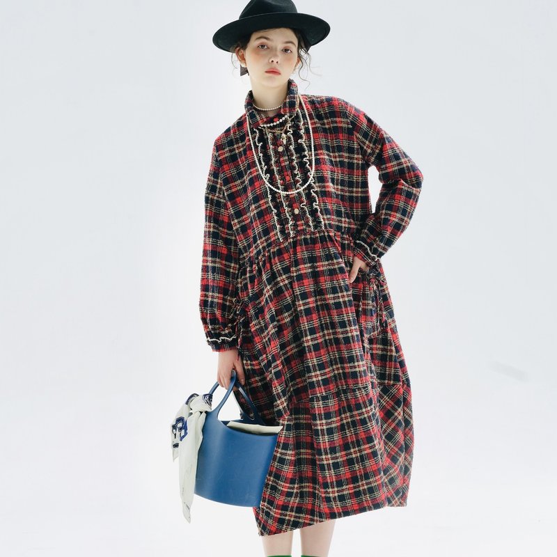 法式复古格子连身裙 / 秋季 长袖 木耳边 小蕾丝 洋装 裙子 - 洋装/连衣裙 - 其他材质 红色