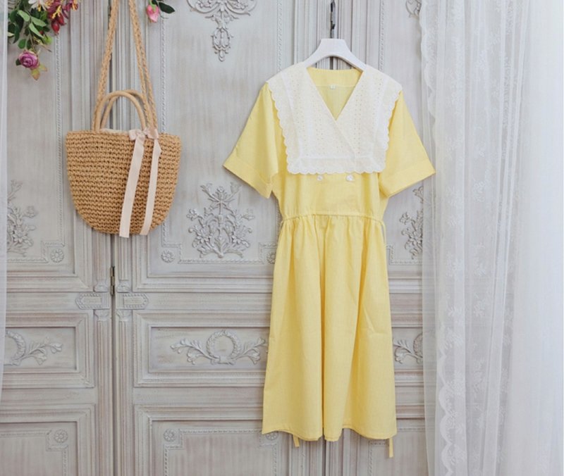 【手工制作】法式复古 80年代复古风纯棉连衣裙 - 洋装/连衣裙 - 棉．麻 黄色
