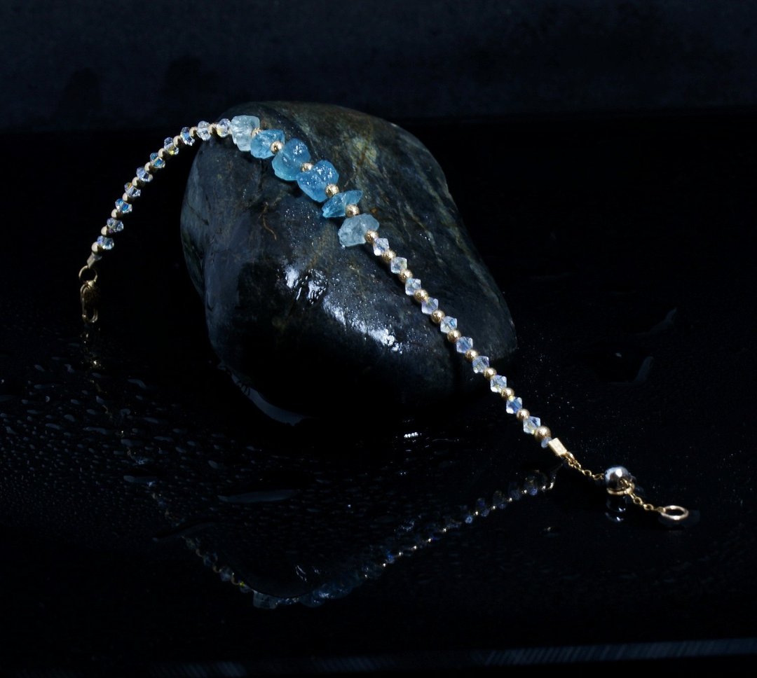 曰本 Cenfill 钢丝 海蓝宝原矿 14K包金 GF Swarovski 水晶手链 - 手链/手环 - 宝石 