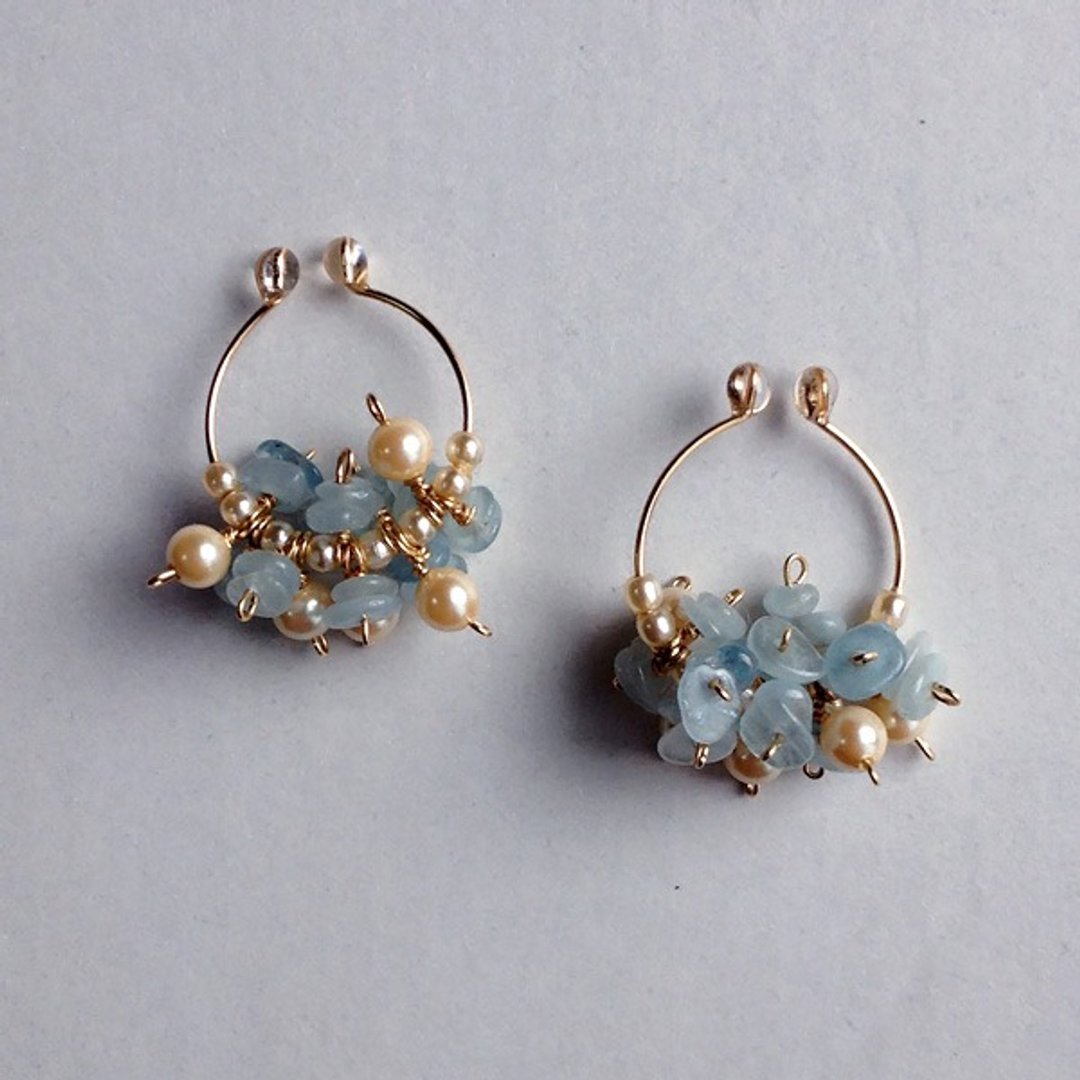 14 kgf aquamarine and vintage glass pearl hoop earrings ear lip ii - 507 - 耳环/耳夹 - 宝石 蓝色
