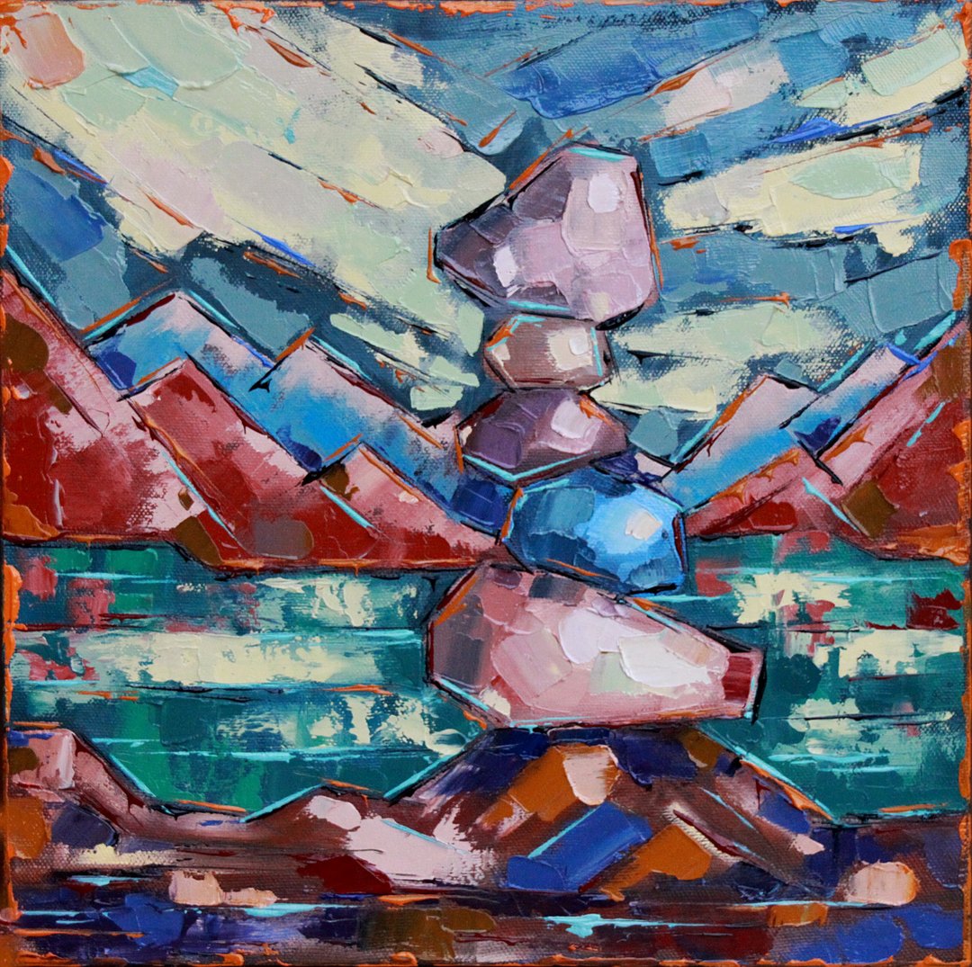 Zen Stones Painting Meditation Original Art Spiritual Artwork Canvas Wall Art - 海报/装饰画/版画 - 其他材质 蓝色