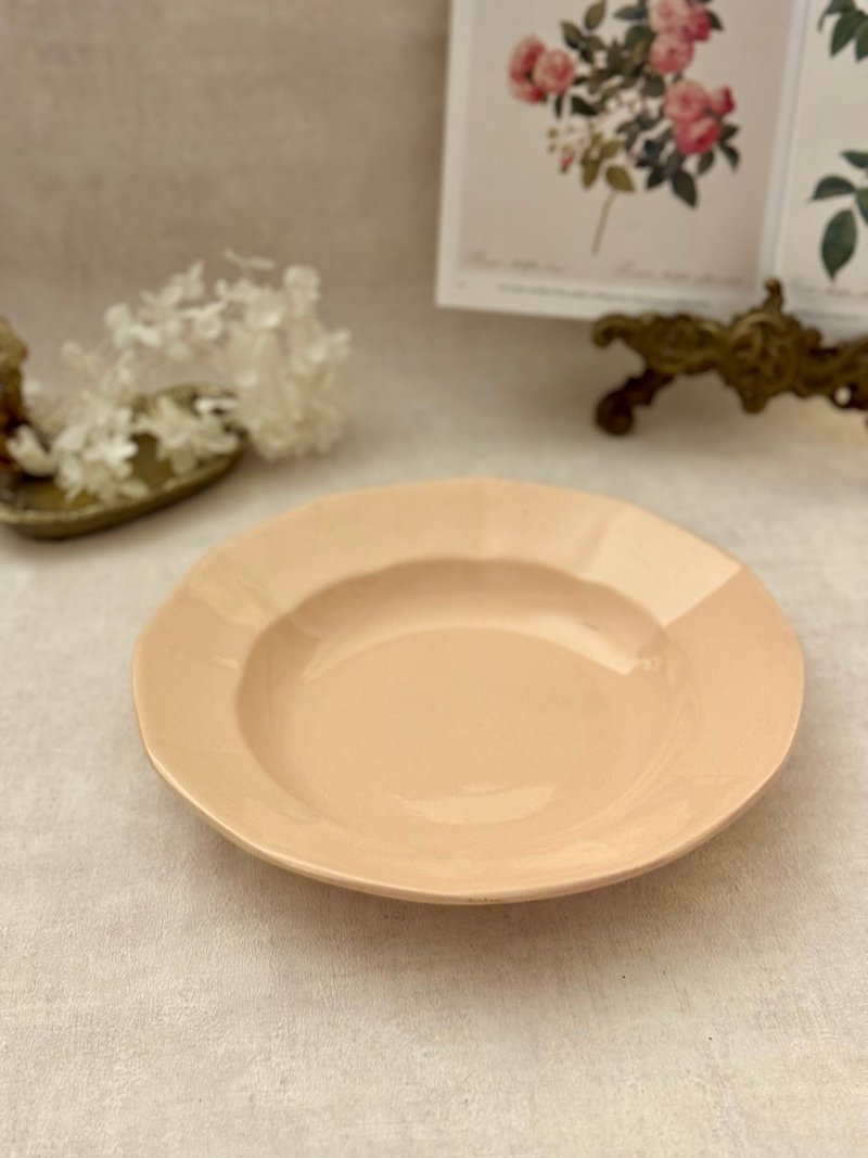 *40269-法国古董Sarreguemines DIGOIN 淡粉色12边形汤盘22.5cm - 盘子/餐盘/盘架 - 瓷 