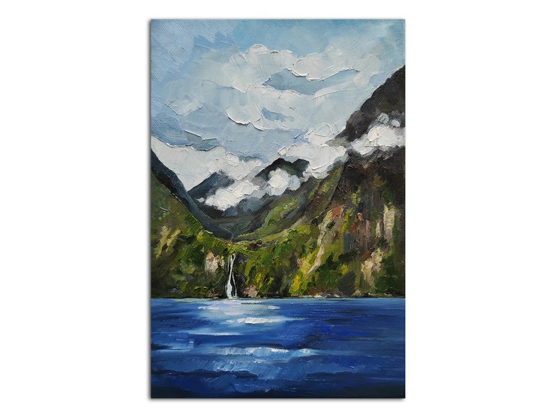 New Zealand Painting Original Art Milford Sound Art Mountain Landscape Wall Art - 海报/装饰画/版画 - 其他材质 蓝色