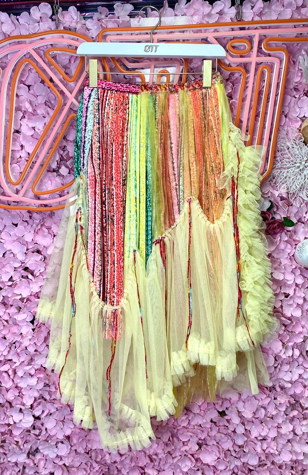 OTT独一无二•日系淡黄色飘逸桃红色彩色印花手工压褶裙 - 裙子 - 棉 多色