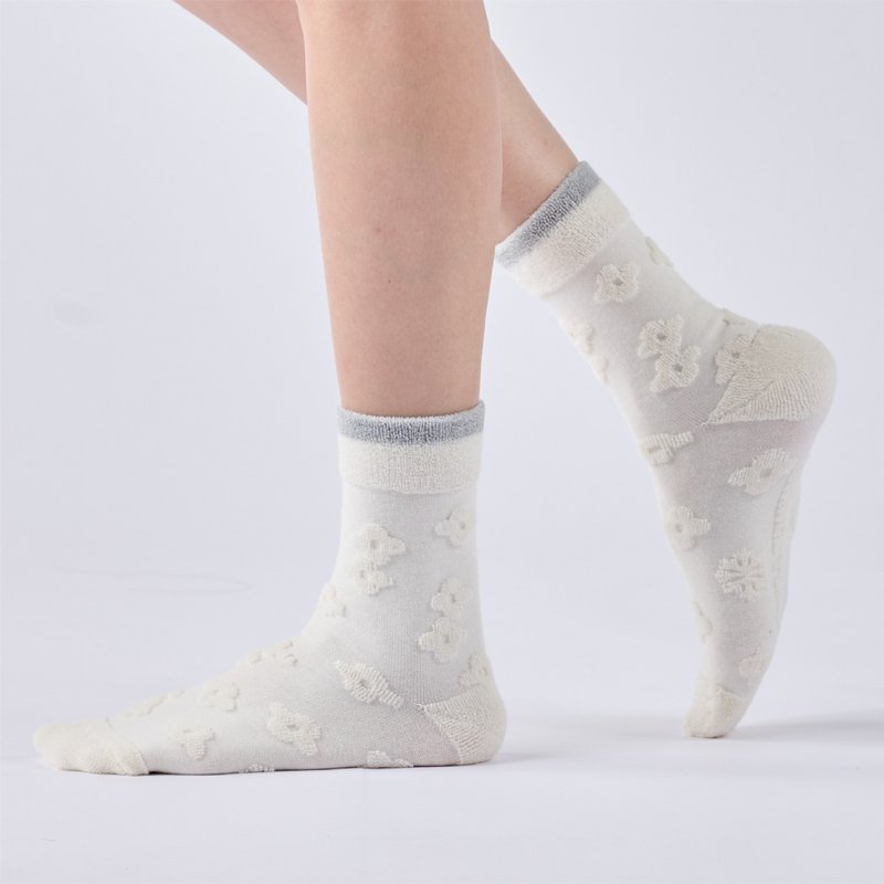雪花花  中筒袜 - 米(F) - 袜子 - 棉．麻 白色