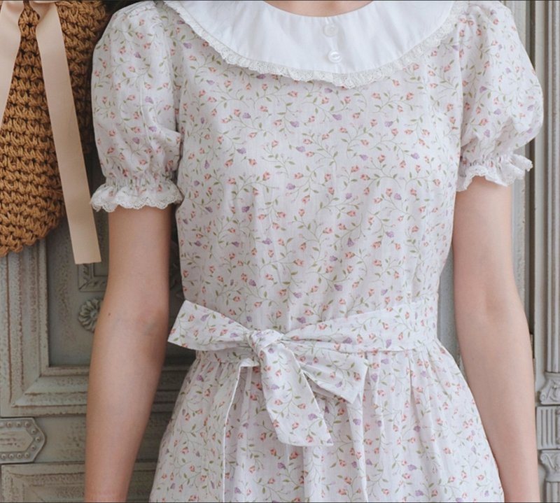 【手工制作】复古泡泡袖连衣裙/洋装 - 洋装/连衣裙 - 棉．麻 粉红色