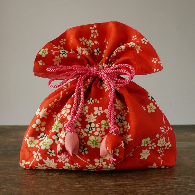 和服 招福束口袋 中尺寸 - 化妆包/杂物包 - 棉．麻 红色