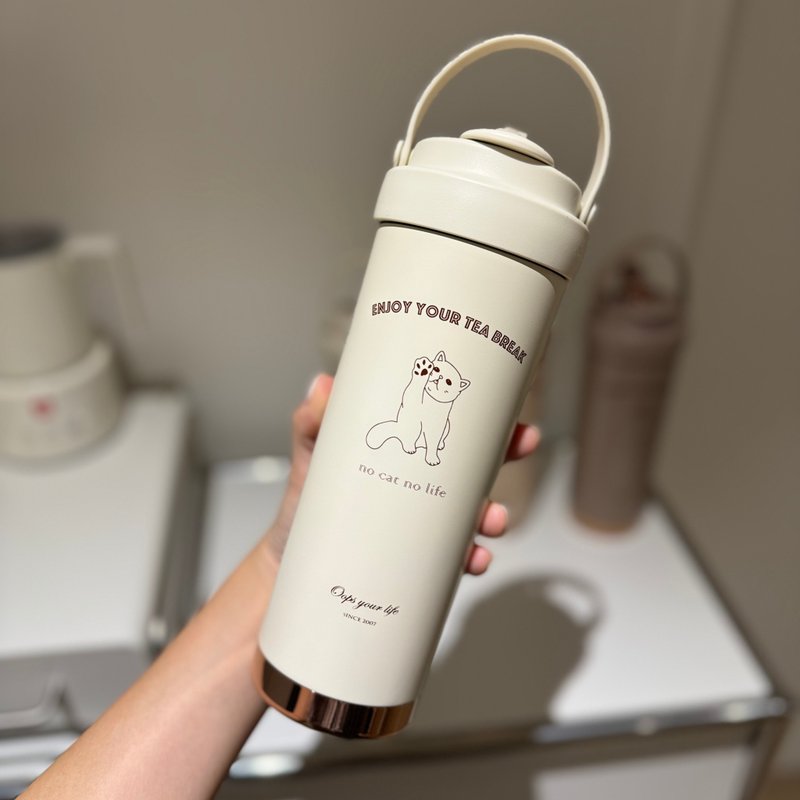 安妞猫咪手提保温杯 750ml 304不锈钢陶瓷内胆 - 保温瓶/保温杯 - 不锈钢 白色