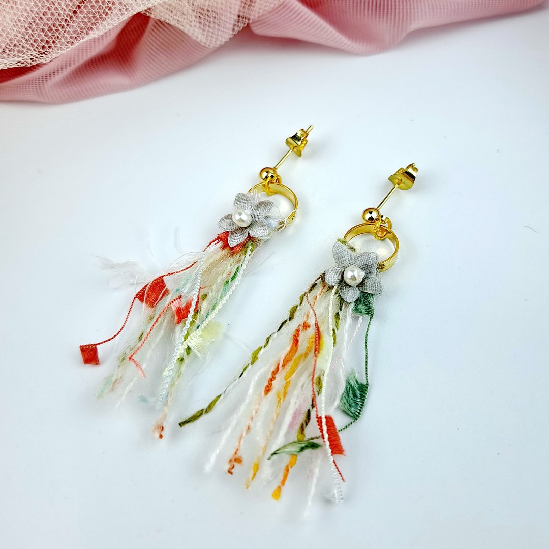 流苏耳环 纱缐耳环 14K金耳环 耳夹 EAR-098 - 耳环/耳夹 - 其他金属 绿色