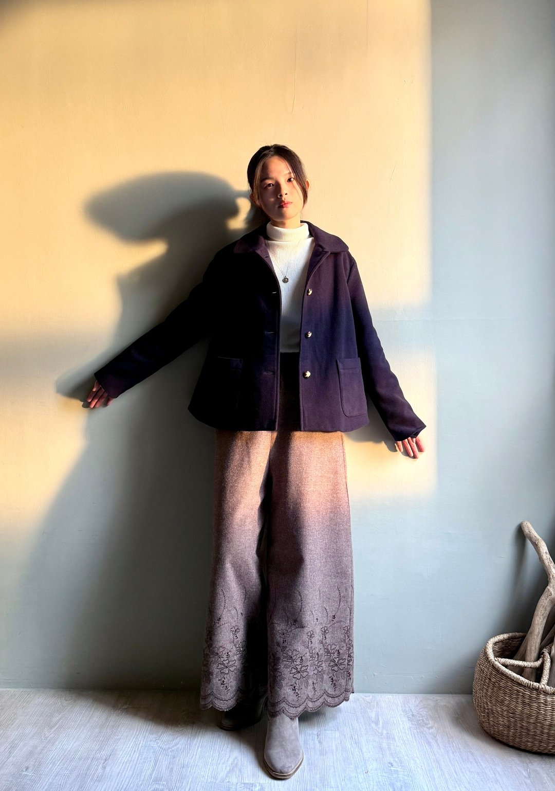 海上情人/学院风意大利制毛料海军蓝排扣翻领短外套/短大衣WOOL - 女装休闲/机能外套 - 羊毛 