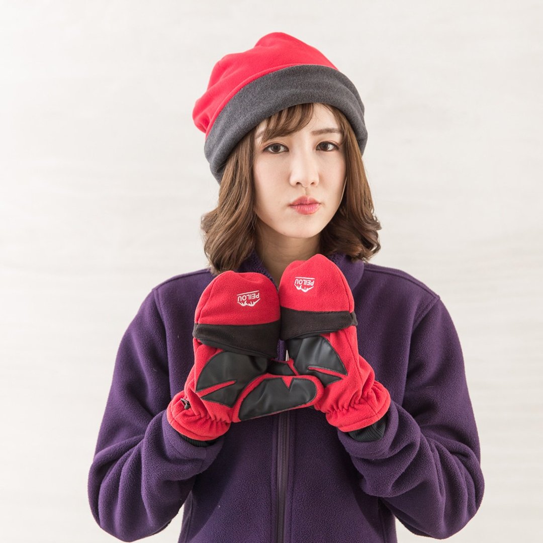 登山抓绒保暖手套帽子组-M - 手套 - 聚酯纤维 红色