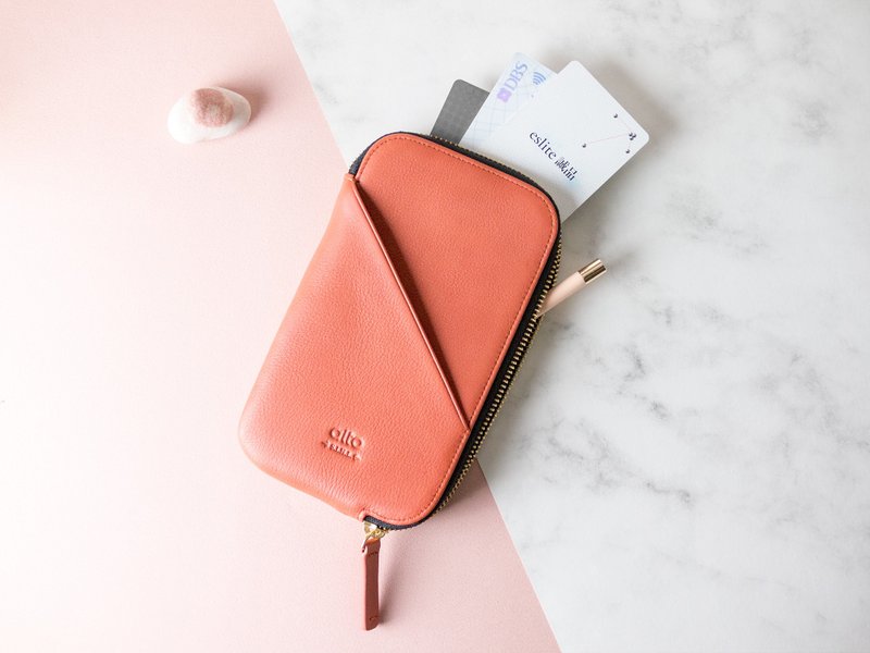 皮革手机收纳包 / 护照包 - 蜜桃橘-定制化刻字礼物 - 手拿包 - 真皮 橘色