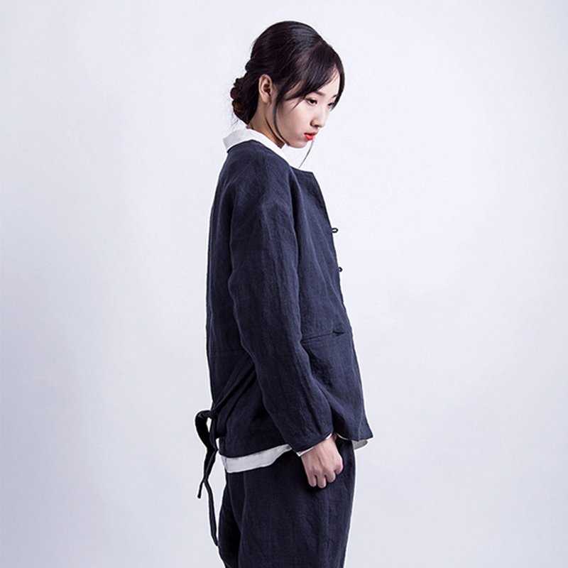藏蓝色纯亚麻砂洗外套 - 女装上衣 - 棉．麻 