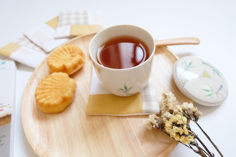 Little Things Coaster Set 003- Brown Gingham+Yellow (4 Pieces /Set ) - 杯垫 - 棉．麻 卡其色