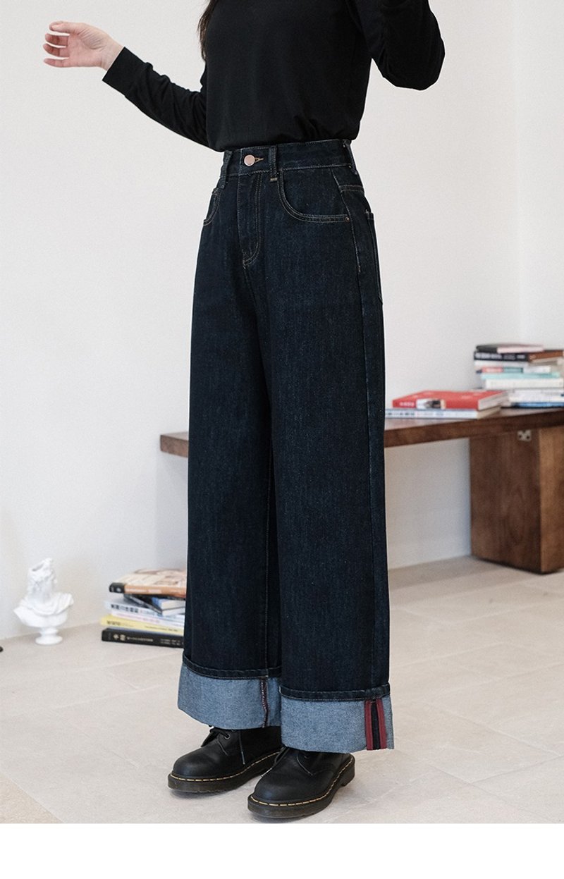 原浆质感卷边直筒牛仔裤女 - 女装长裤 - 棉．麻 