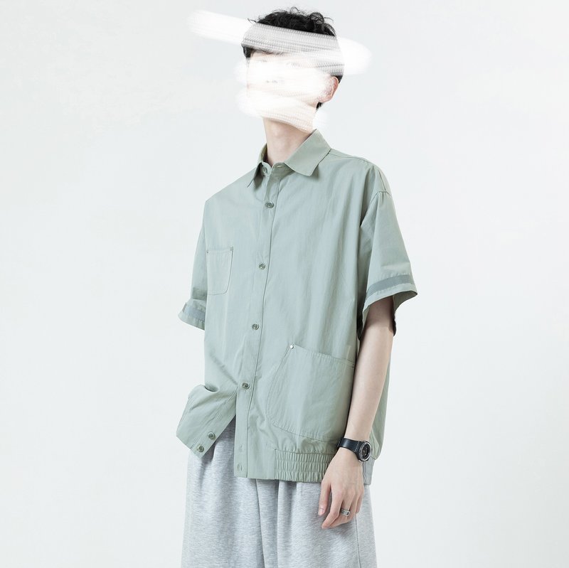 松紧摆落肩衬衫 - 男装衬衫 - 棉．麻 绿色