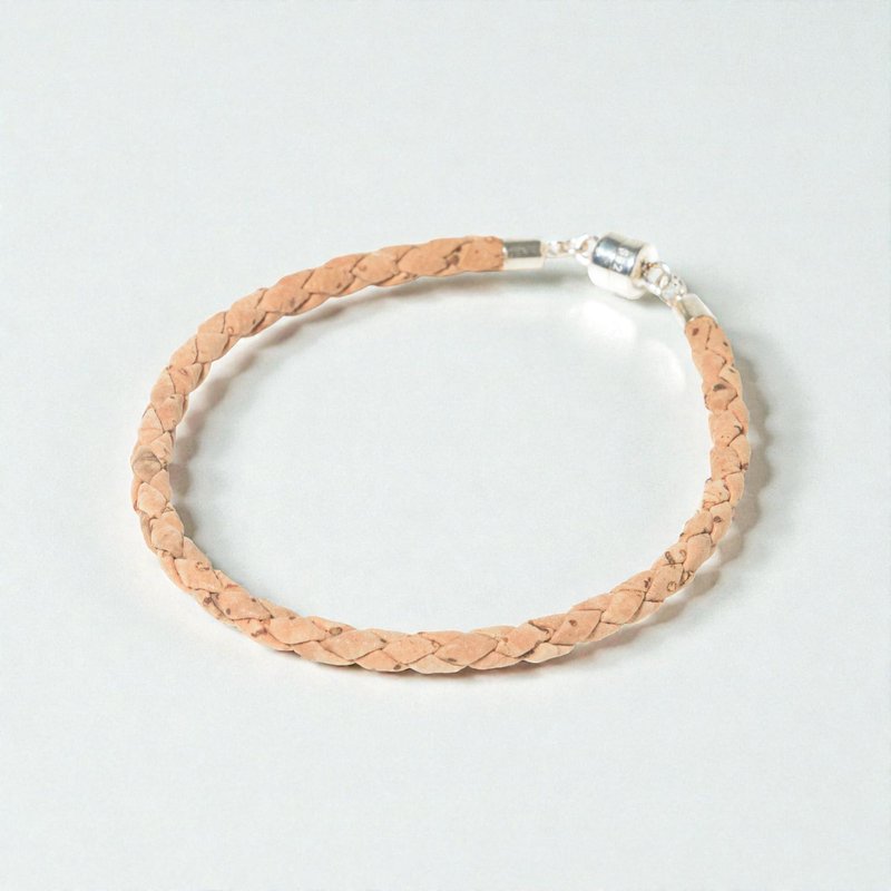 S925纯银饰扣 编织软木皮革手链 单圈 - 手链/手环 - 软木/水松木 咖啡色