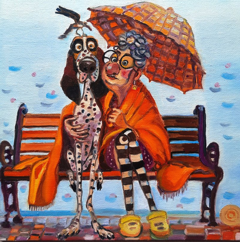 女人与狗狗绘画原创艺术纸板小油画 - 墙贴/壁贴 - 其他材质 橘色