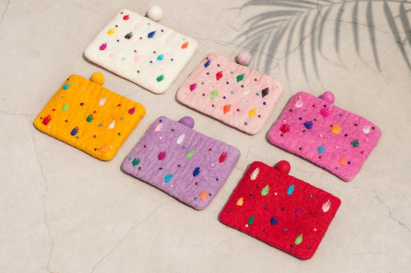 羊毛毡小物袋/羊毛毡收纳袋/零钱包/悠游卡套/羊毛毡钱包-刺绣草 - 化妆包/杂物包 - 羊毛 多色