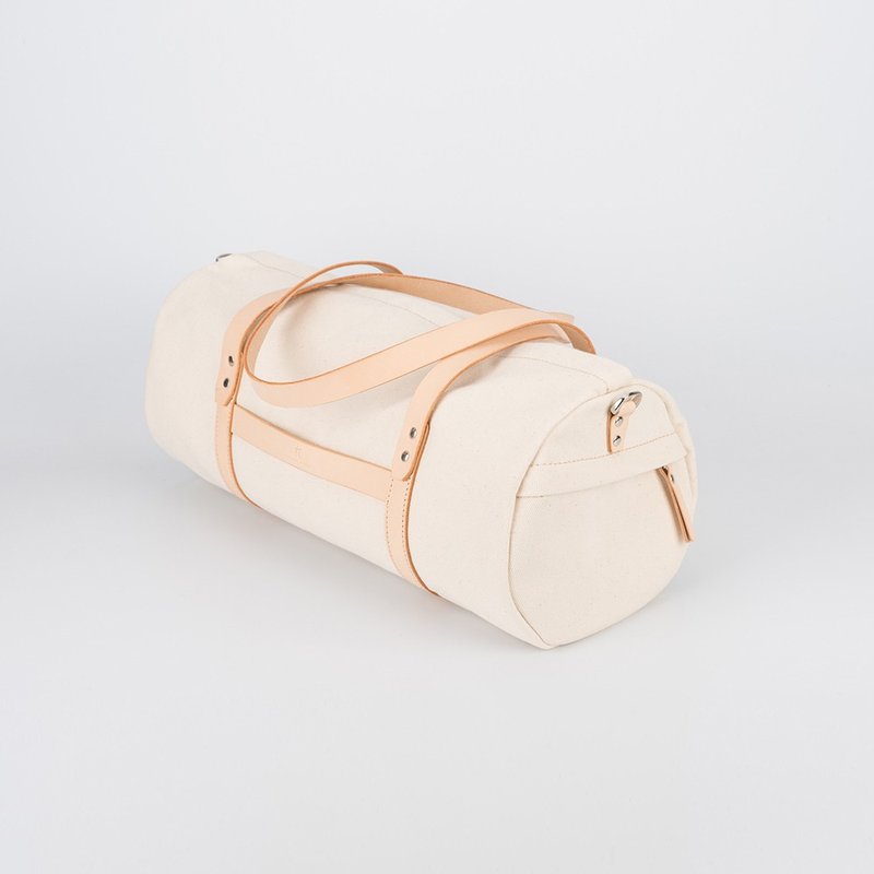 【帆布遇上皮革】大容量休闲健身圆筒包短途旅行手提斜跨包男女用 - 侧背包/斜挎包 - 棉．麻 白色