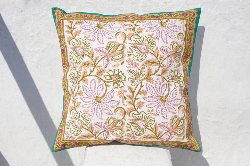 情人节礼物 限量一件 手工木刻印抱枕套 / 纯棉抱枕套 / 印花抱枕套 / 手工印抱枕套 - 沙漠色花朵藤蔓 - 枕头/抱枕 - 棉．麻 多色