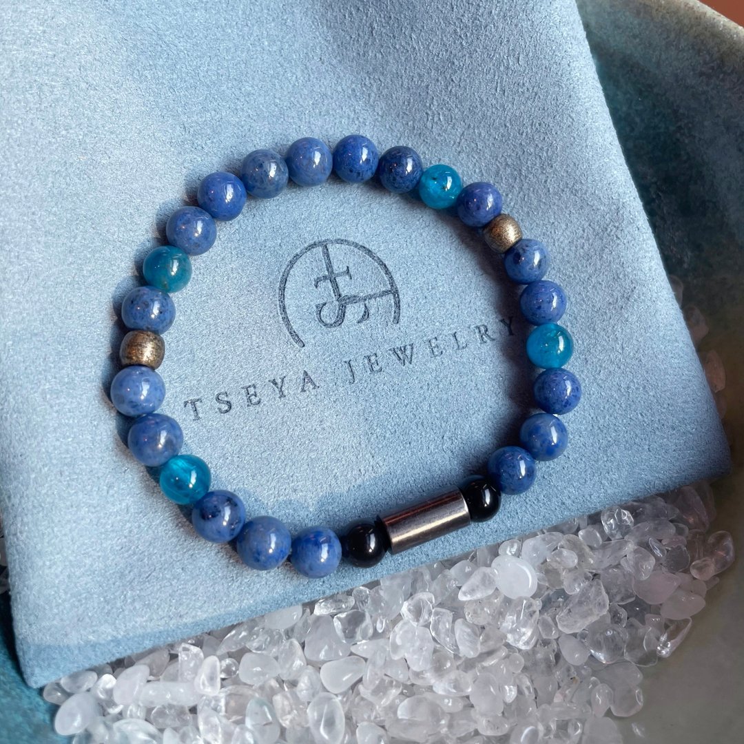 蓝线石 磷灰石 黑曜石 天然石水晶手链 - 手链/手环 - 半宝石 蓝色