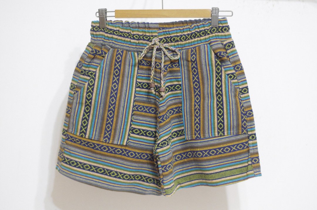 圣诞礼物 限量一件 民族风短裤 / 民族风裤 / boho针织裤 / ethnic pants / 拼接棉质针织短裤 - 蓝绿民族图腾色调 南美民族风 - 女装短裤 - 棉 多色