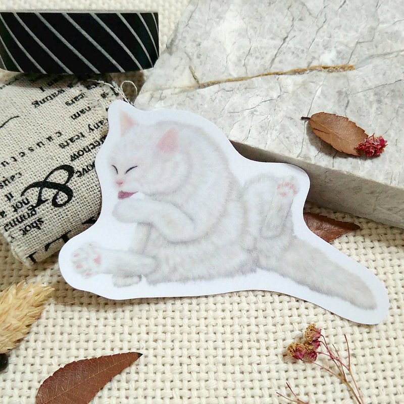 白猫舔手-防水车贴-防水贴纸-安全帽贴纸_猫咪 - 贴纸 - 防水材质 