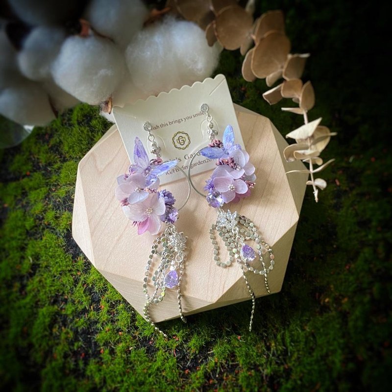 粉紫系蝴蝶真花长耳环 - 耳环/耳夹 - 植物．花 紫色