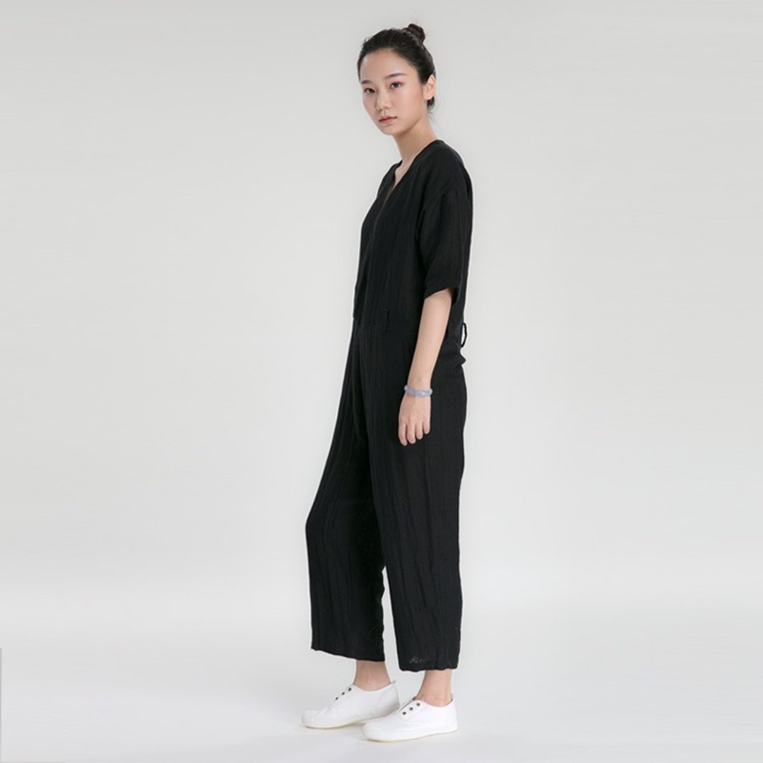 不服 黑色棉麻 女生連衣褲 連體衣 夏季防曬 P170216 - 背带裤/连体裤 - 棉 黑色