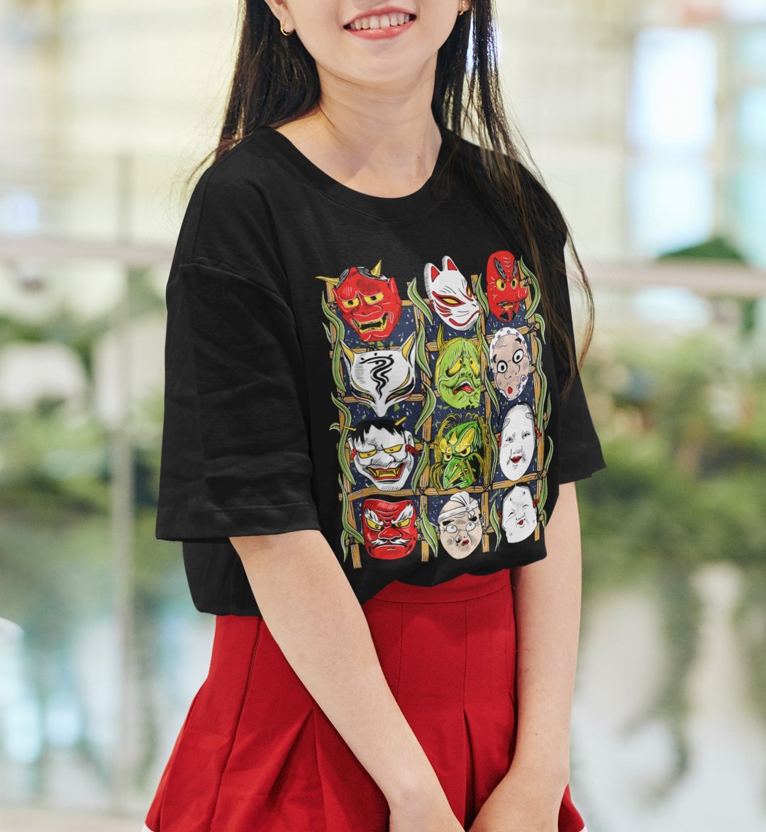 Japanese Traditional Masks Collection Streetwear 100% Cotton Unisex T-Shirt - 男装衬衫 - 棉 多色