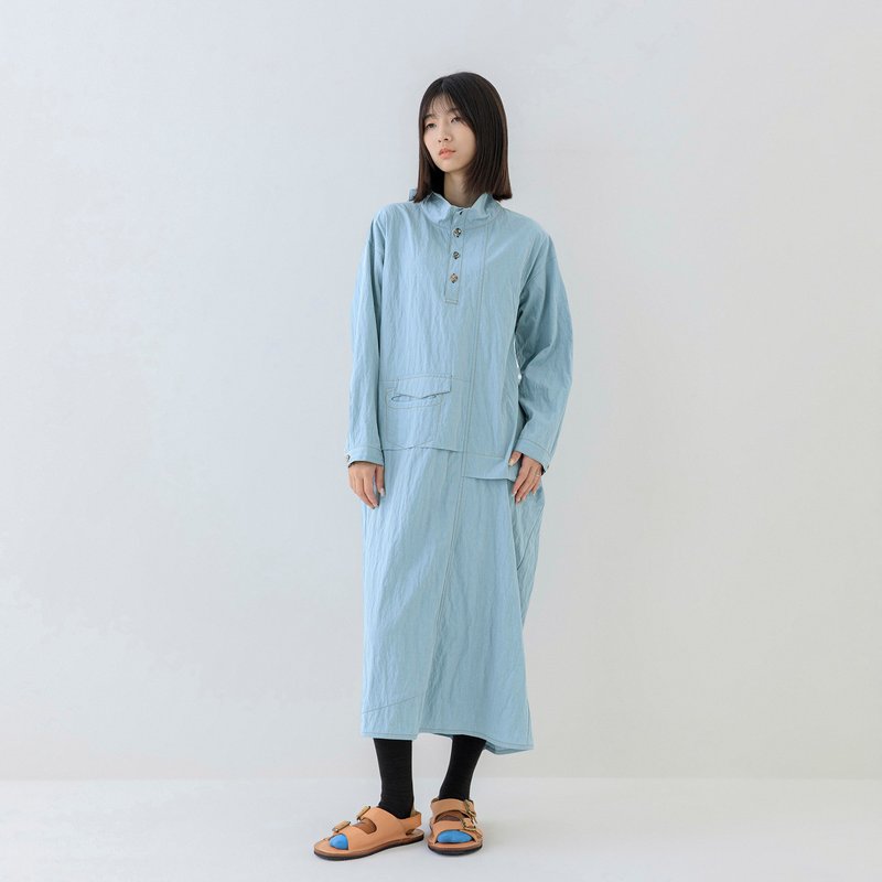 拼组口袋立领洋装 - 洋装/连衣裙 - 其他材质 蓝色