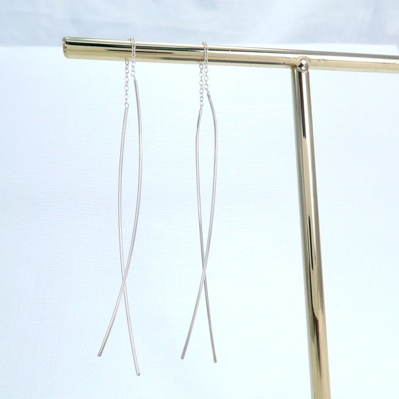 极简心递 双直线 长链 纯银耳环 - 耳环/耳夹 - 纯银 银色