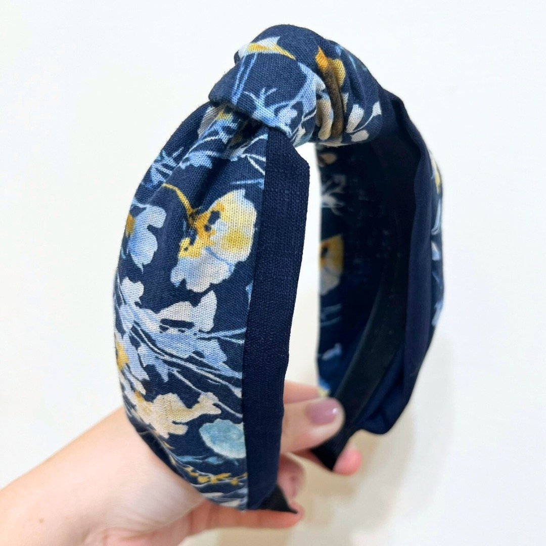 水彩晕染花绘三层纱 高弹力 扭结发箍 少量制作 手作发 - 发带/发箍 - 棉 蓝色