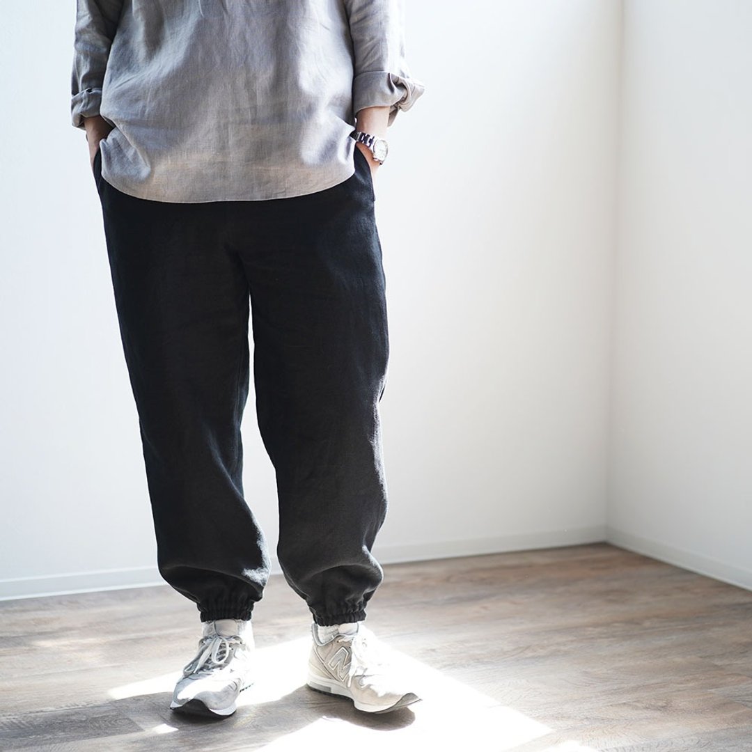 wafu --Ama 褲 子 Midweight Linen Unisex Monpe Pants / Black b005d-bck2 - 中性裤装 - 亚麻 黑色
