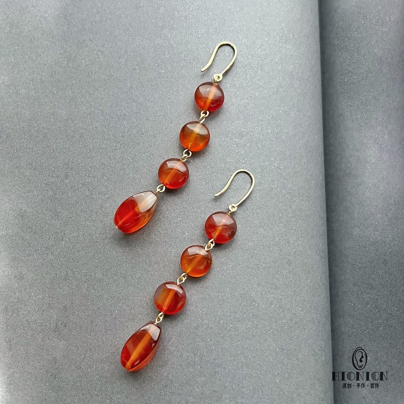 原创小众天然红玛瑙耳环新中式复古耳夹耳挂长款中古高级感耳饰 - 耳环/耳夹 - 其他材质 红色