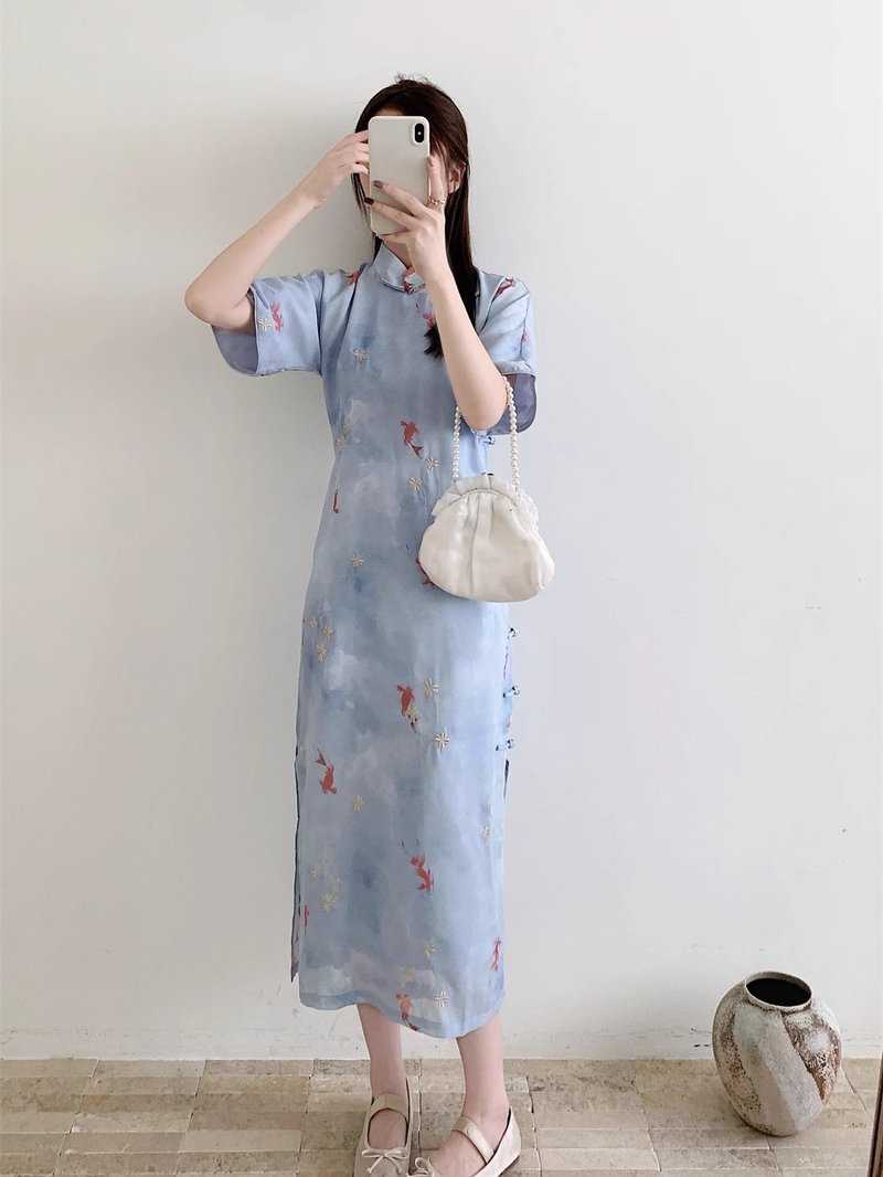 淺灰藍 少女古法旗袍斜襟全開襟旗袍 新中式國風復古改良洋裝裙 - 旗袍 - 其他人造纤维 蓝色