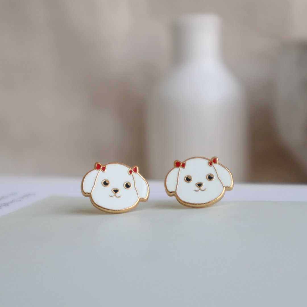 马尔济斯 Maltese  夹式 耳环 生日礼物 宠物饰品 狗狗 纸盒包装 - 耳环/耳夹 - 珐琅 白色