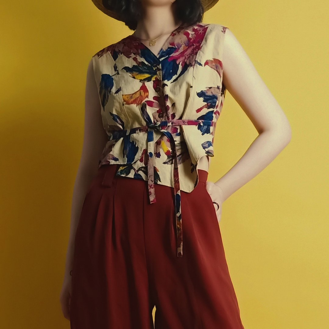 P.YELLOW | 夏季复古印花不规则系带背心 - 女装背心 - 棉 