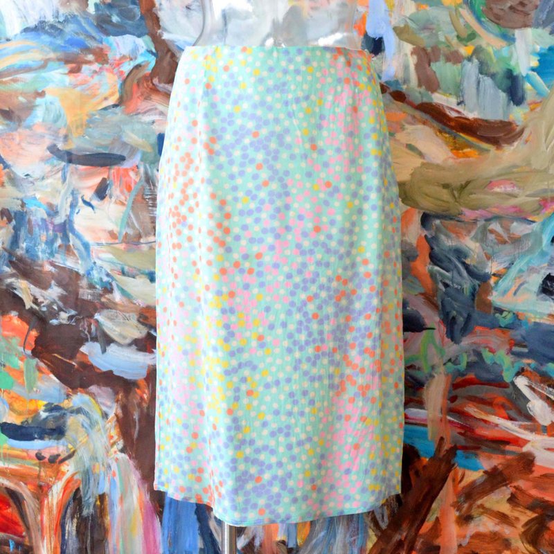 法国中古PAUL & JOE 全真丝薄荷绿彩色圆波点水玉铅笔裙 文青古着 - 裙子 - 丝．绢 多色