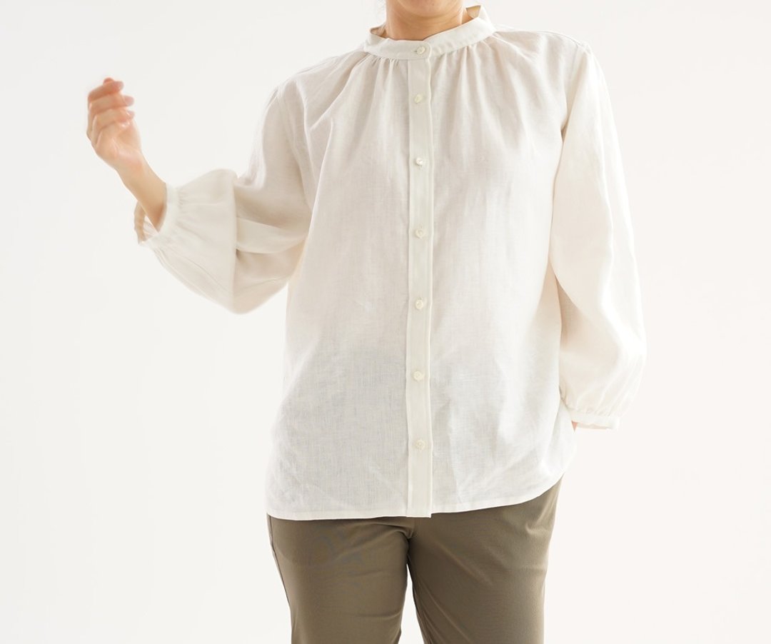 Linen Fluffy Stand Collar Shirt Tunic / White t032d-wht2 - 女装衬衫 - 棉 白色