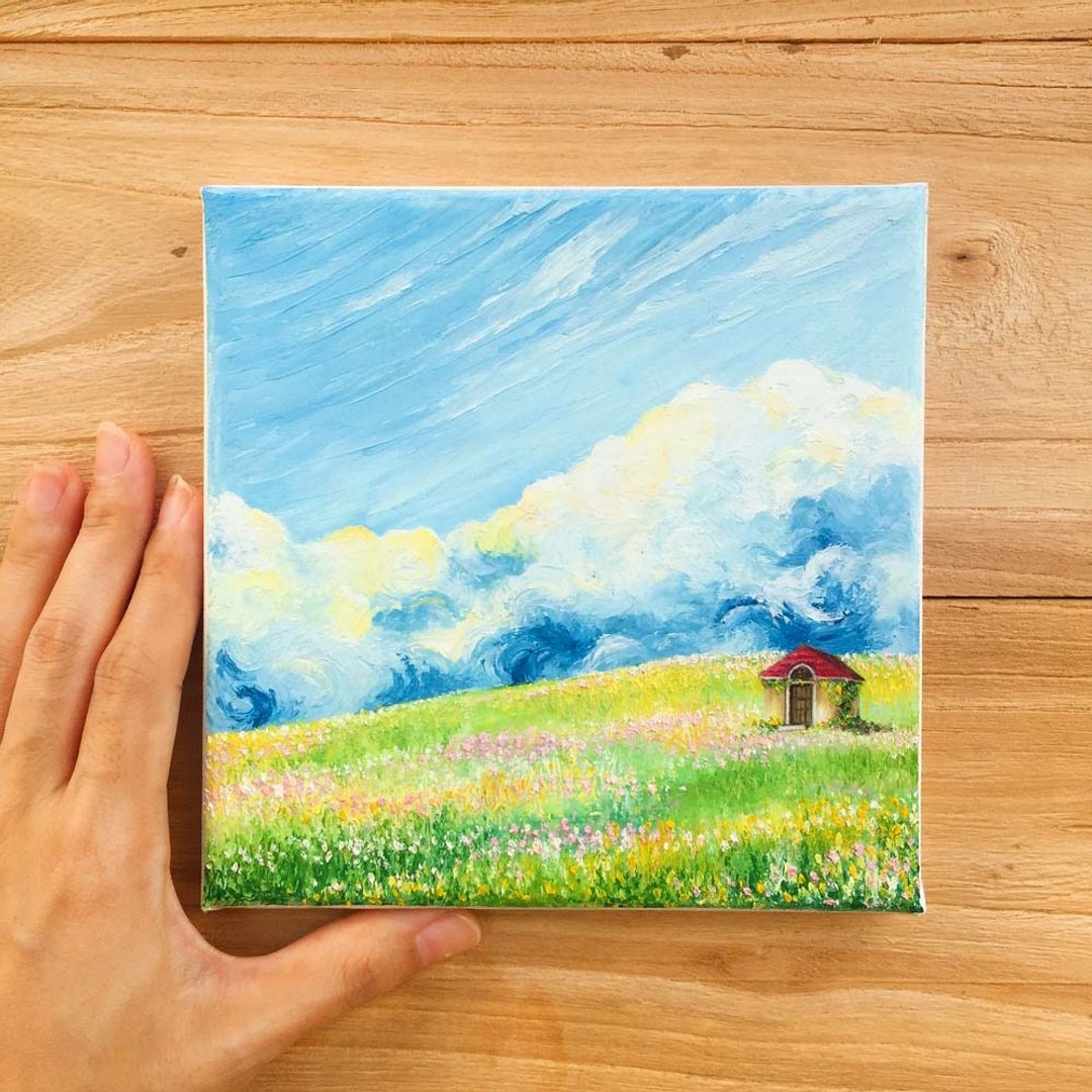 花海中的小屋-小型厚涂油画。蓝天白云野外花丛自然风景艺术摆设. - 海报/装饰画/版画 - 棉 