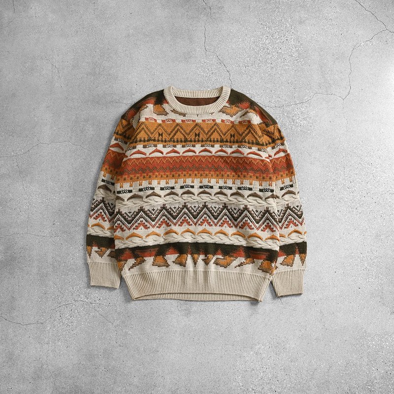 Vintage 立体织纹毛衣 / 图腾毛衣、苦瓜纹毛衣、复古图腾毛衣 - 男装针织衫/毛衣 - 羊毛 橘色