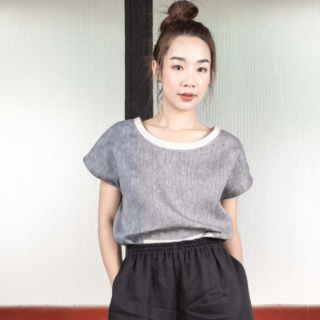 Natural Linen Short sleeves Top Minimal Top - Multicolor Grey Blue Beige - 女装上衣 - 亚麻 灰色