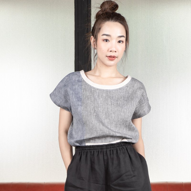 Natural Linen Short sleeves Top Minimal Top - Multicolor Grey Blue Beige - 女装上衣 - 亚麻 灰色