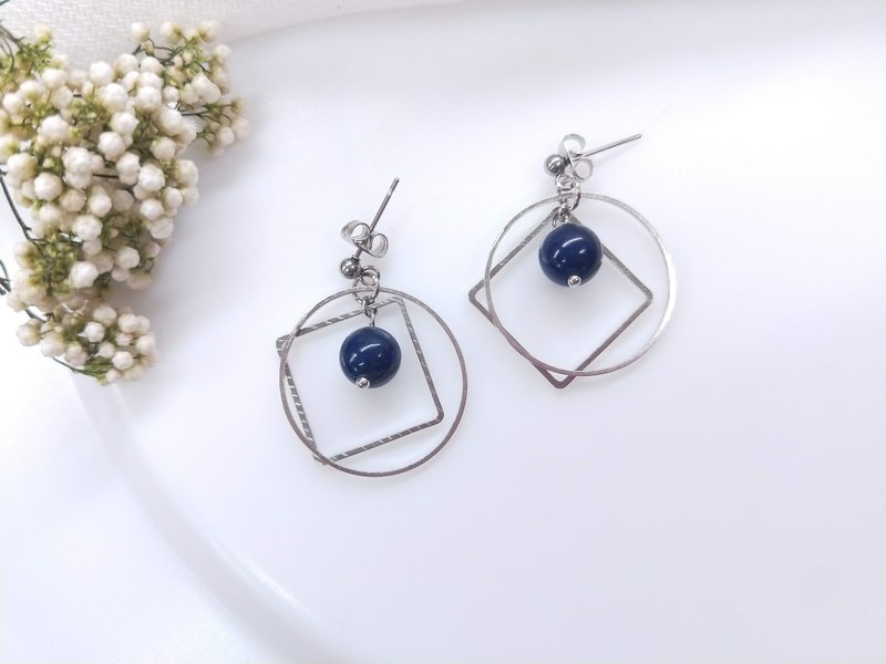 耳环。青金石几何圈耳针耳夹耳环 - 耳环/耳夹 - 水晶 蓝色