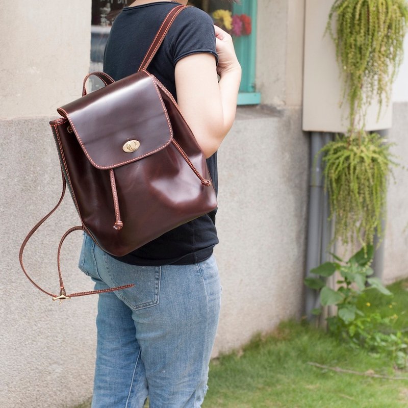 后背包 全牛皮 手工 女用 手提 手缝 书包 咖 ∣ Be Two - 后背包/双肩包 - 真皮 咖啡色